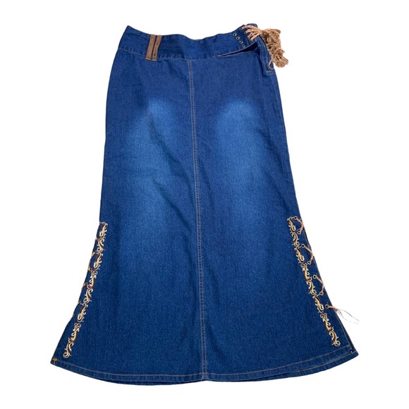 Vintage Dresses & Skirts - Vintage Y2K Denim Jean Midi Skirt Boho Faux Leather Lace Up Fringe Belt Size 10